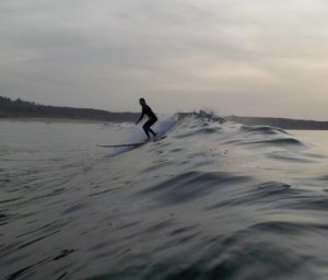 Un surfista cabalga con una tabla de surf Firewire TJ Everyday sobre una suave ola en el océano durante el anochecer, con una costa lejana y un cielo nublado al fondo.