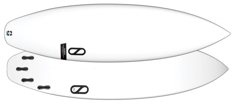 Tabla de surf Slater Design GAMMA Helium con gráficos minimalistas se muestra desde arriba y desde abajo sobre un fondo liso.