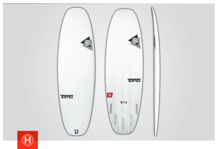 Una tabla de surf firewire evo helium m con la etiqueta "TOMO" y "EVO" mostrada desde arriba, abajo y de lado sobre un fondo gris.