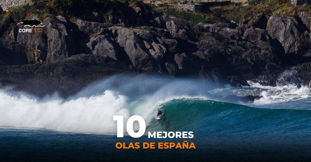 Un surfista cabalga una gran ola cerca de acantilados rocosos. Se superpone el texto "10 MEJORES OLAS DE ESPAÑA"