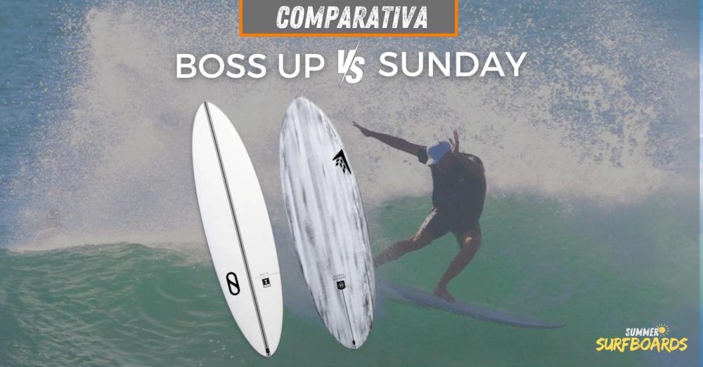 Dos tablas de surf (una blanca y otra gris) midlenghts Firewire Boss Up de Kelly slater y Sunday de Rob Machado se muestran en posición vertical sobre el fondo de un surfista montando una gran ola. Texto: "COMPARATIVA BOSS UP VS SUNDAY SUMMER SURFBOARDS."