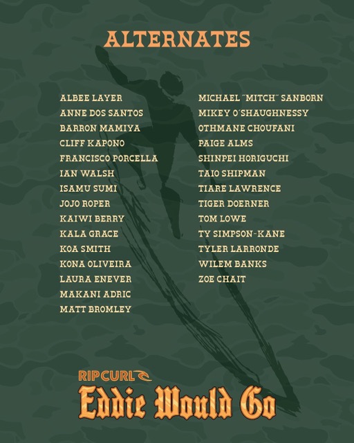 Surfistas suplentes del Eddie Aikau Invitacional 2025 en Waimea