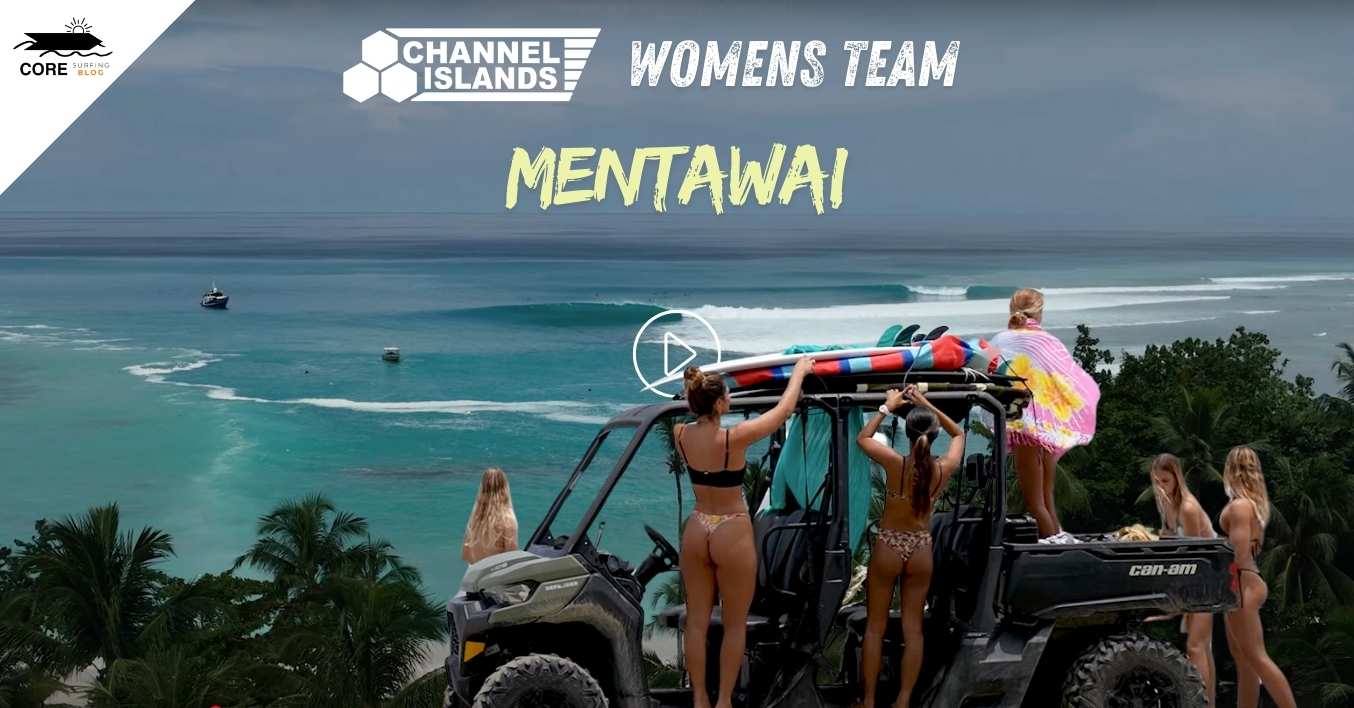 Equipo de surf femenino de channle islands surfboards en un video de surf en Mentawai