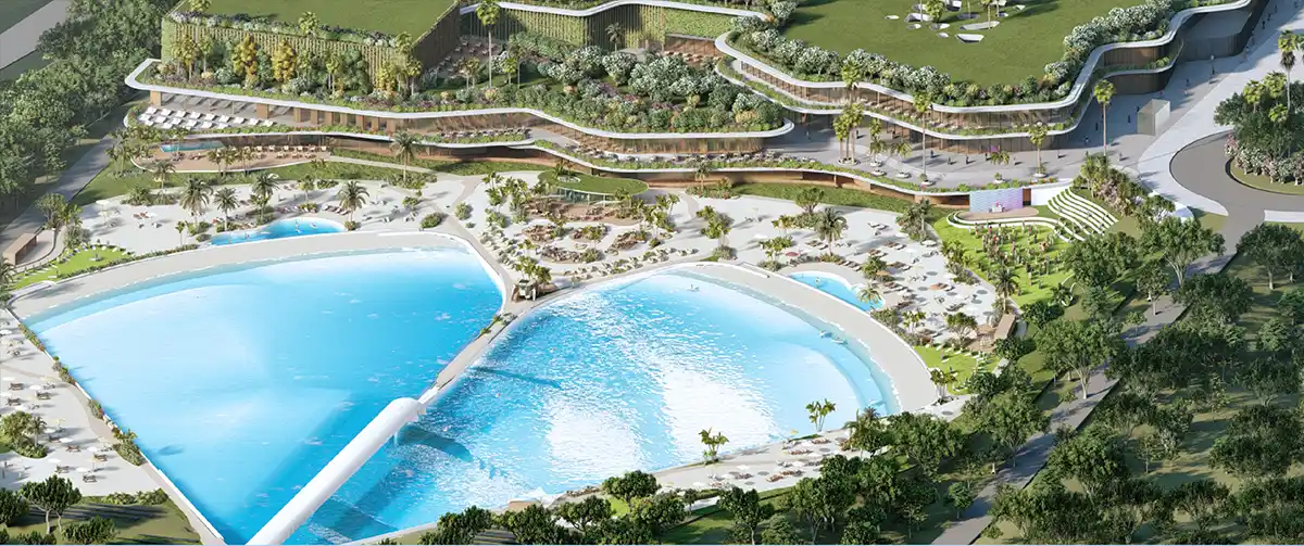 imagen de como será Gemsewll, la piscina de olas en Madrid con la tecnología wavegarden