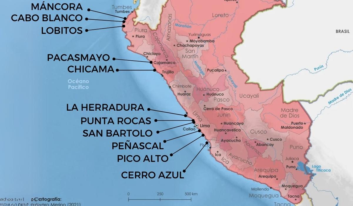 mapa de olas para surf en Perú