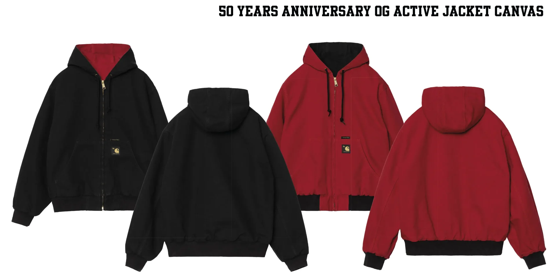 Edición exclusiva Carhartt Active Jacket 50 aniversario — colección limitada con modelos denim, canvas marrón camo y canvas negro