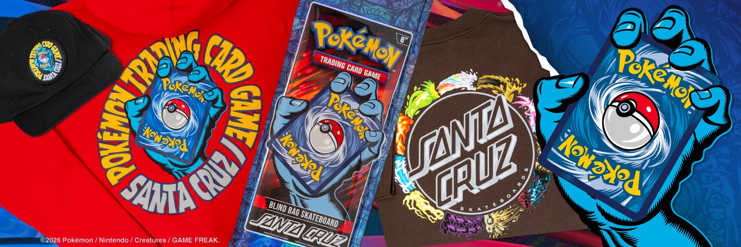 Colección Santa Cruz x Pokémon TCG: sudadera con la Screaming Hand sosteniendo una carta Pokémon, gorra, bolsa blind bag de 8 pulgadas y camiseta con el logotipo Dot de Santa Cruz