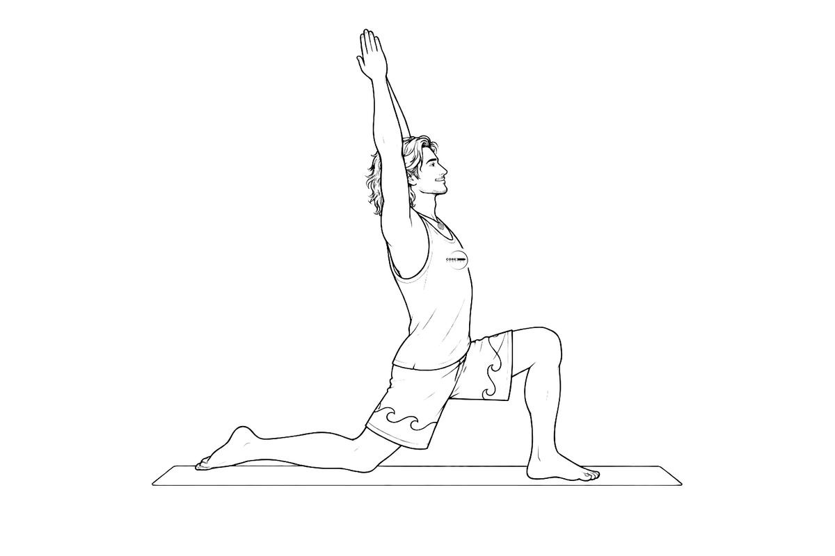 Zancada baja de yoga para abrir los flexores de cadera del surfista