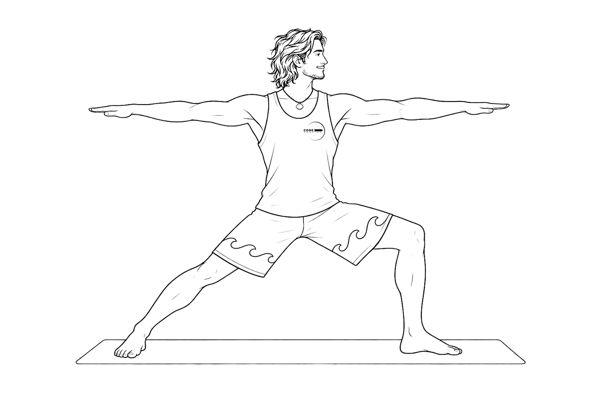 Postura del guerrero II, yoga para surfistas que imita el stance sobre la tabla