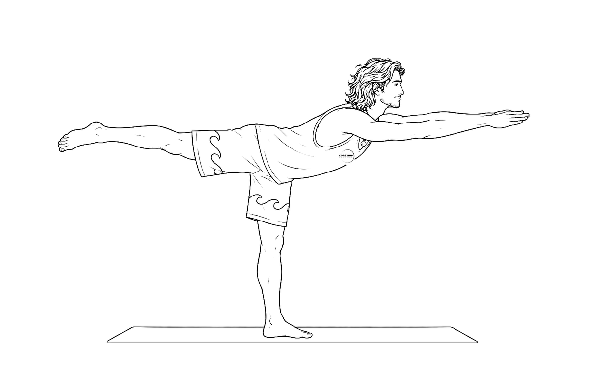 Surfista en guerrero III, postura de yoga para mejorar el equilibrio