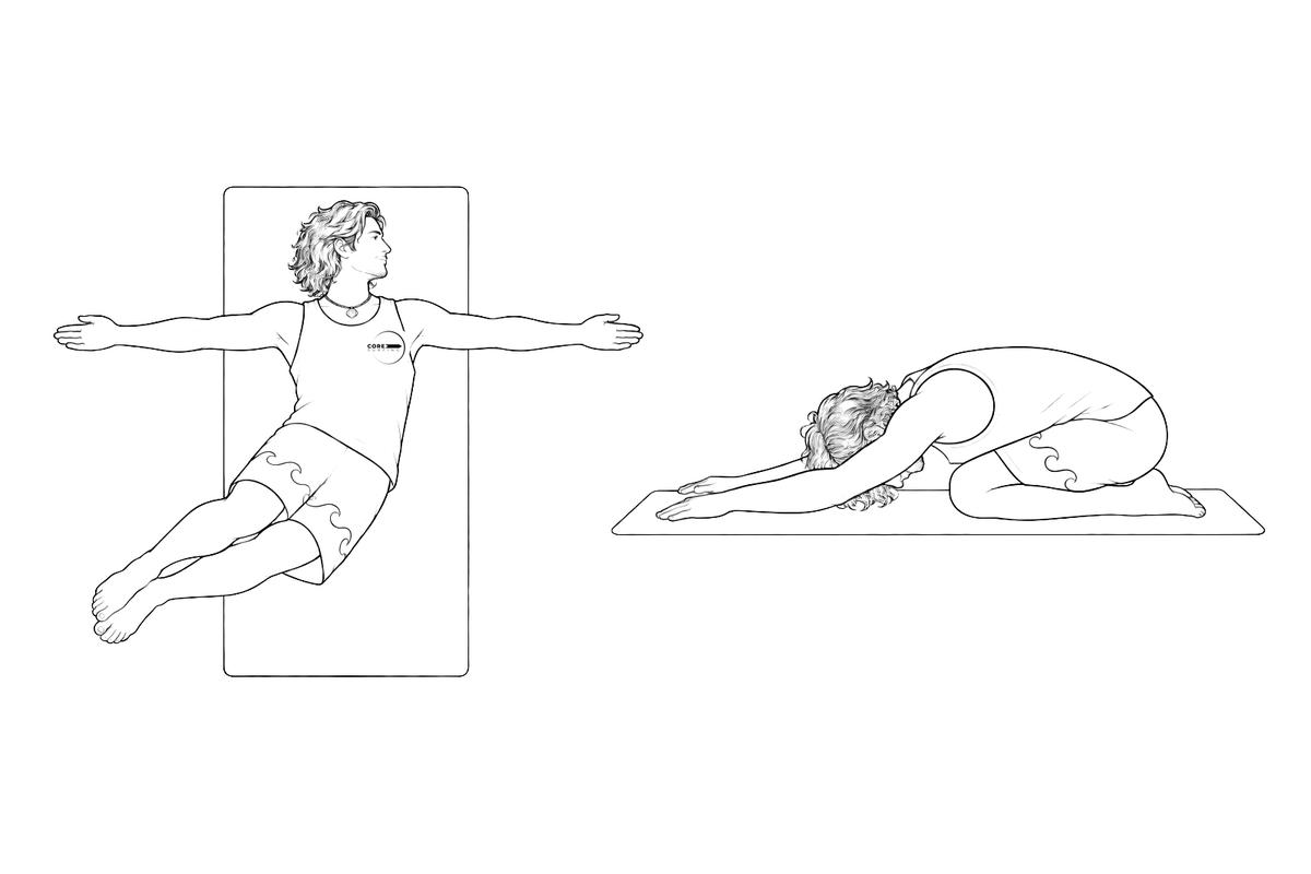 Torsión tumbada y postura del niño, yoga post-surf para relajar la espalda